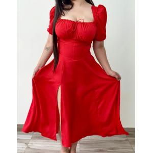 Red Solid Bustier Dress Puff Sleeves